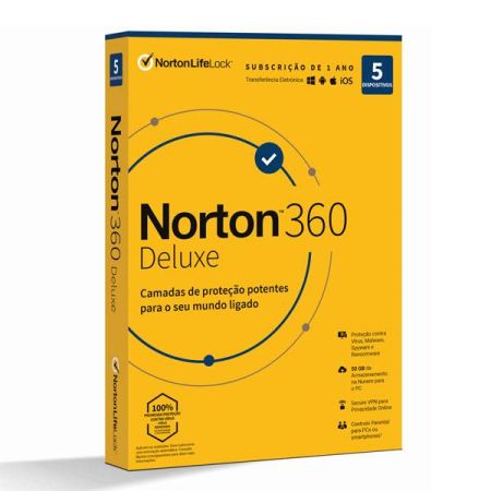 Norton 360 Deluxe Cloud 50GB 1 Utilizador 5 Dispositivos 1 Ano Caixa Fisica