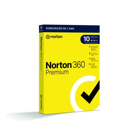 Norton 360 Premium Cloud 75GB 1 Utilizador 10 Dispositivos 1 Ano Caixa Fisica