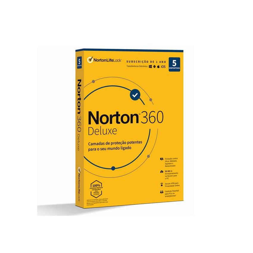 Norton 360 Deluxe Cloud 50GB 1 Utilizador 5 Dispositivos 1 Ano Caixa Fisica